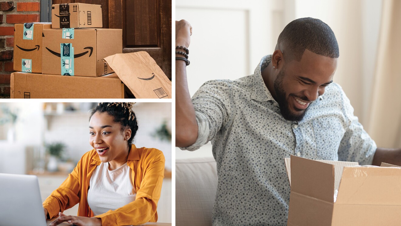 这是一幅三张图片的拼贴画,展示了亚马逊的盒子,以及在线订购和打开盒子的顾客。