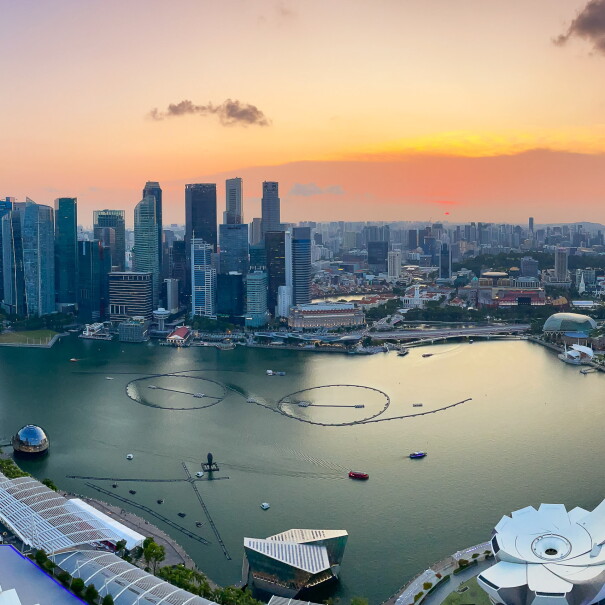 An image of Singapore's central business district at sunset