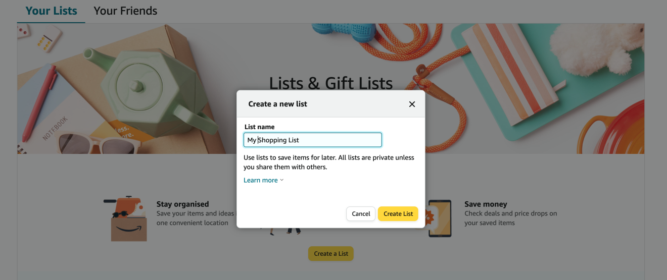 A screenshot of the Lists page on Amazon, prompting the user to Create a List