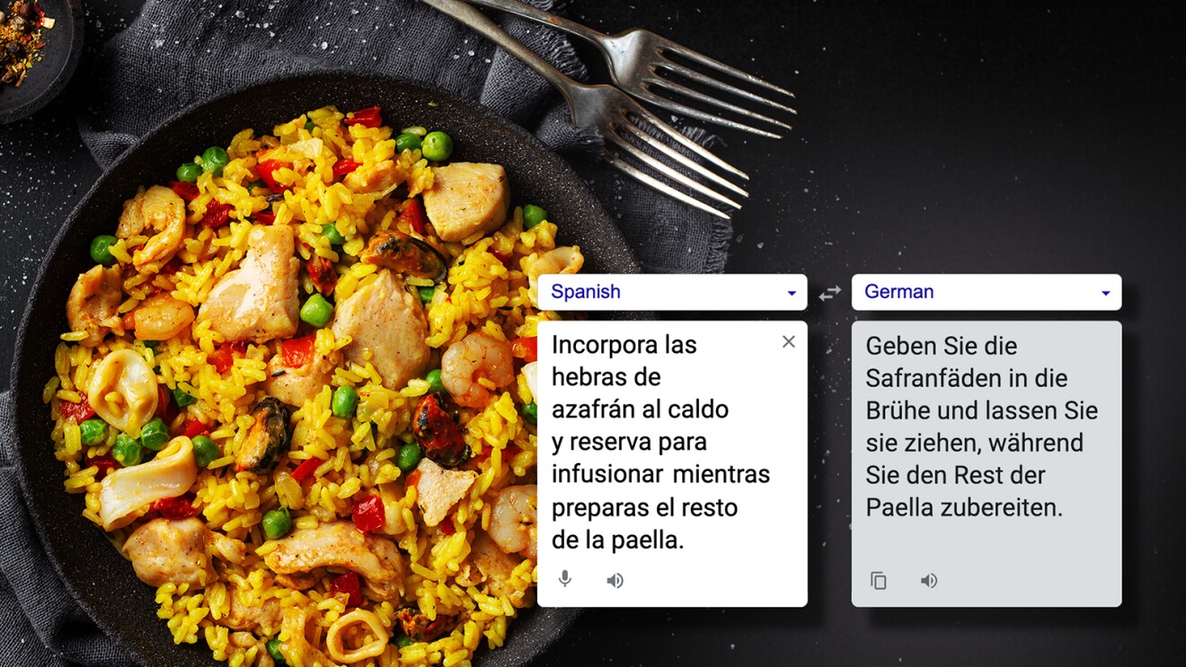 Spanish to German translation of instructions on how to make a paella. A chicken and rice dish serves as the background image behind the text.