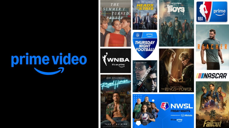Prime Video streaming service logo with collage of TV shows including The Boys, Thursday Night Football, and The Rings of Power