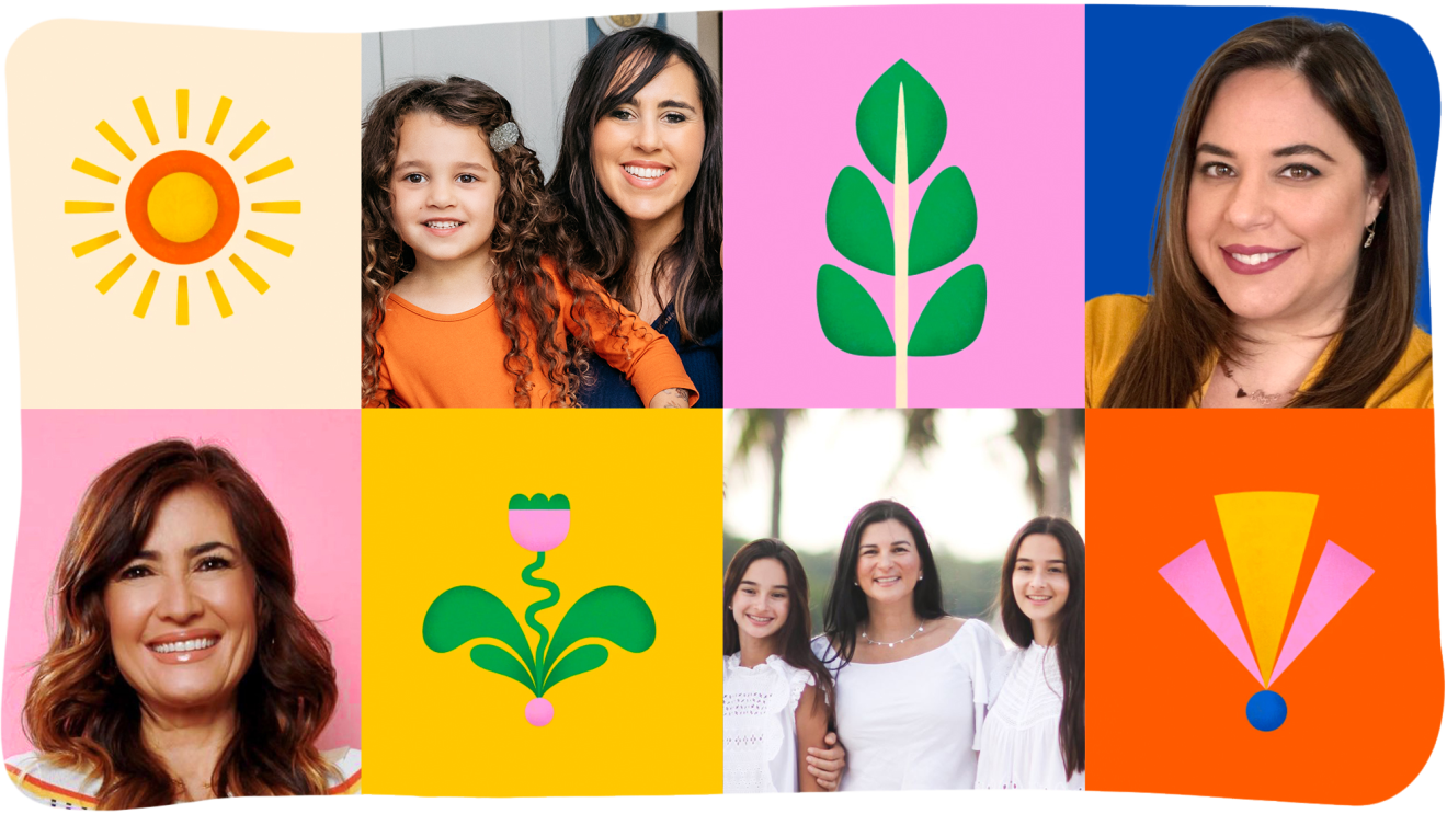 A collage of eight images, four of which have small business owner headshots and the other four have different illustrations of plants, flowers, and the sun. 