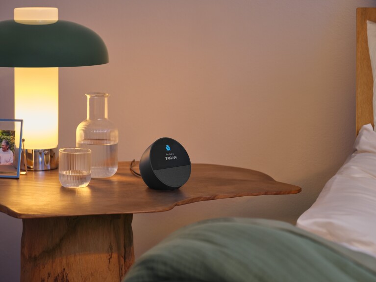 Stylish nightstand with Echo spot device, and ambient lighting