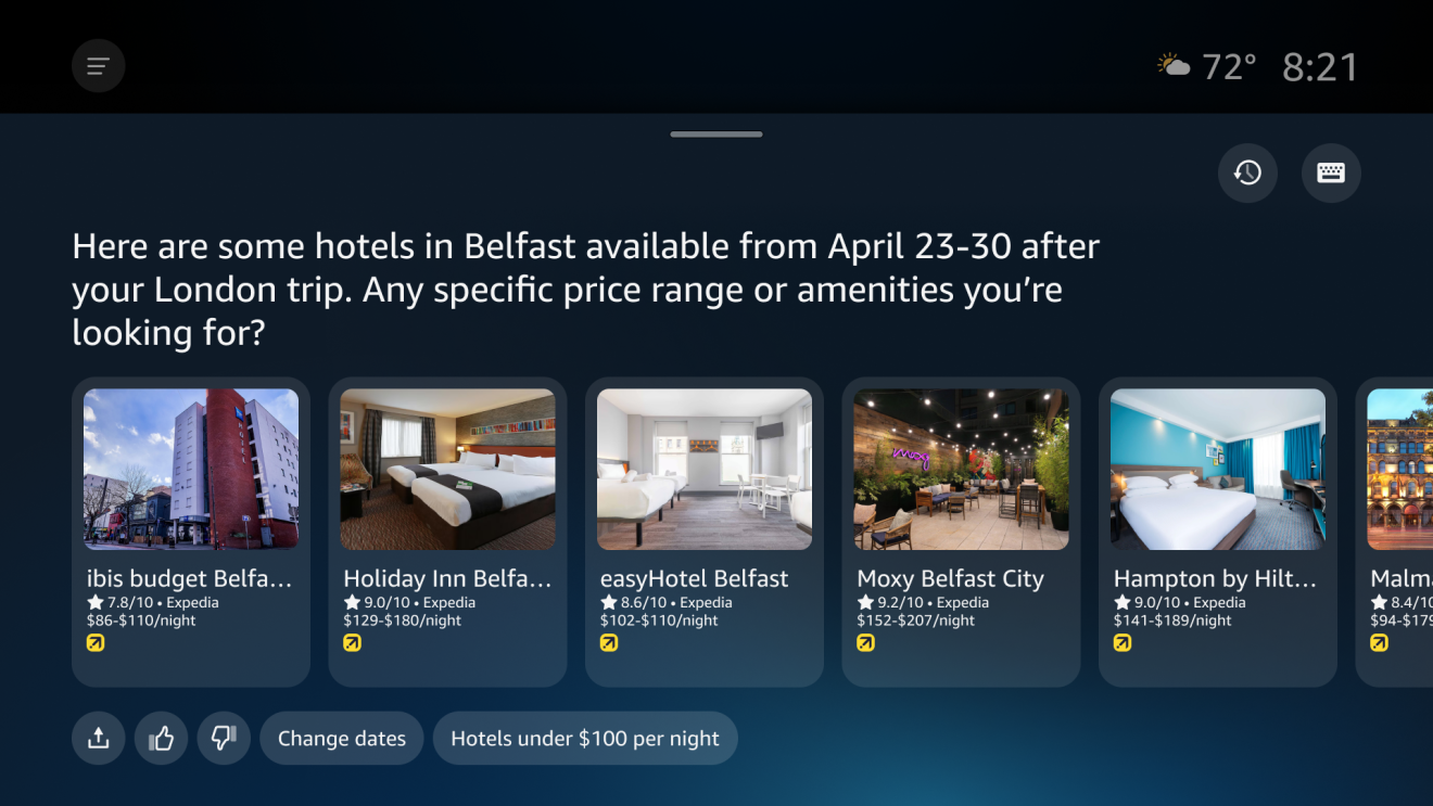 Hotel booking interface showing options in Belfast after London trip