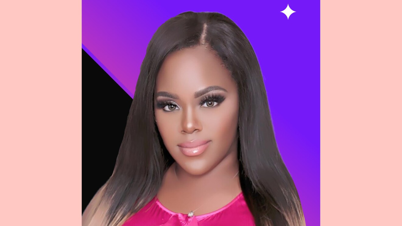 An employee bio card of Zorena Harris with a colorful background.