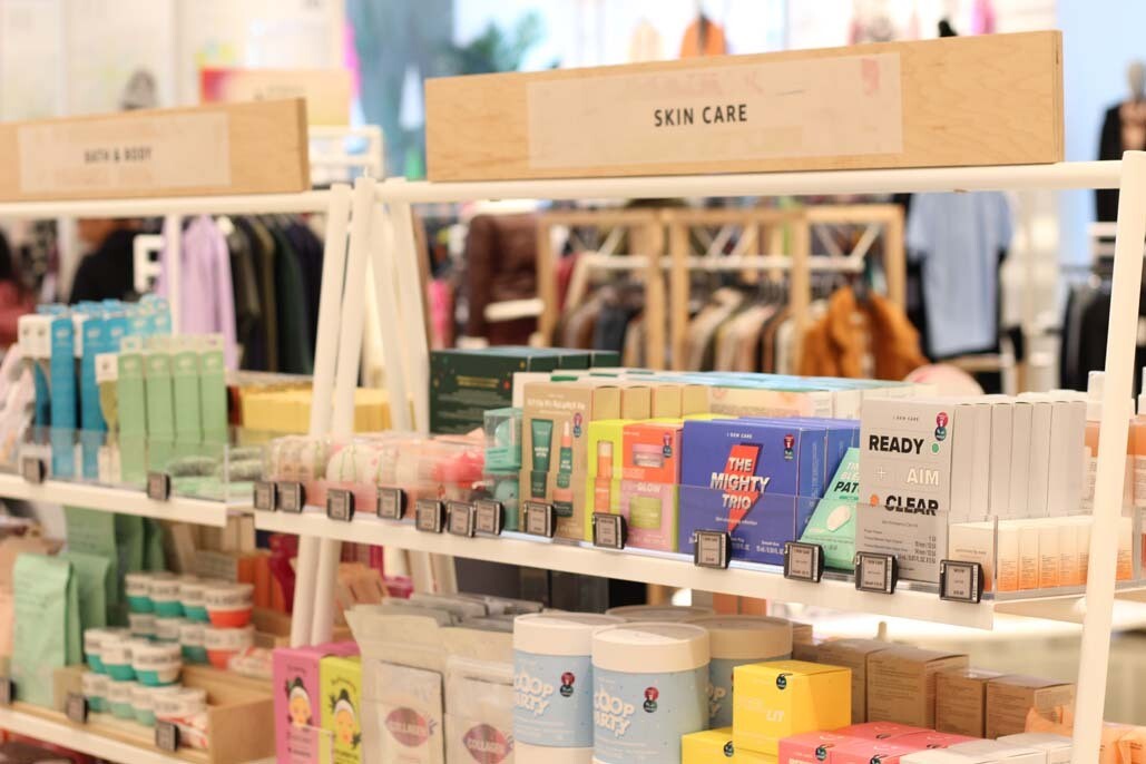 An image of a display of products from the beauty and skincare selection at the Amazon Style store in Los Angeles.