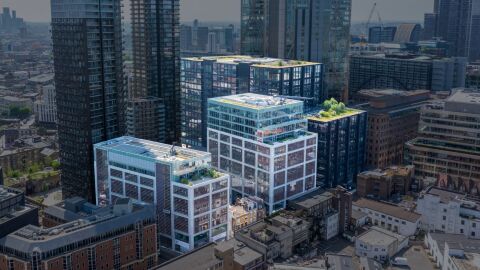 An overhead drone shot of the Amazon London offices