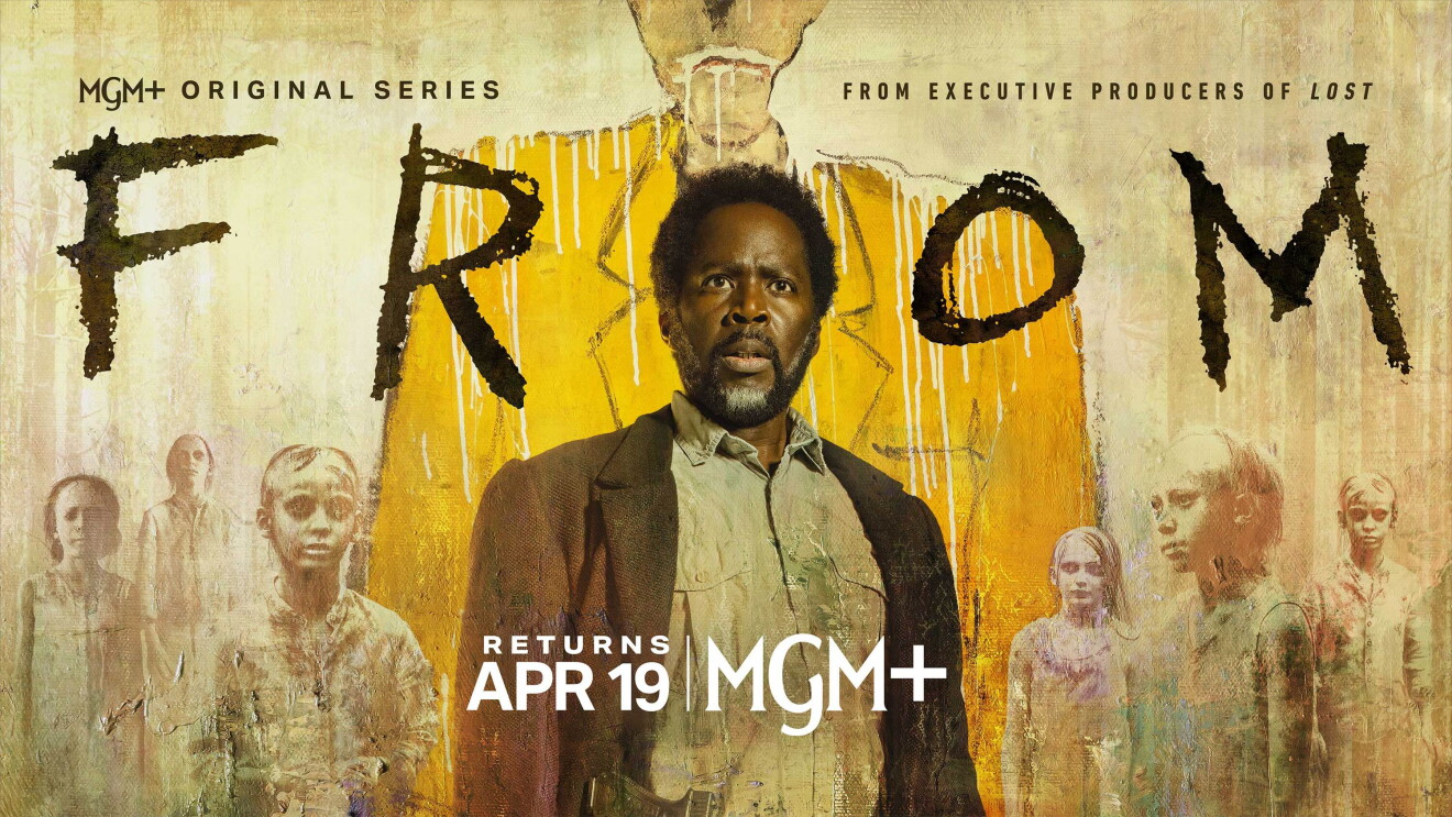 FROM series promotional poster featuring a man in a suit standing among ghostly figures with yellow painted backdrop
