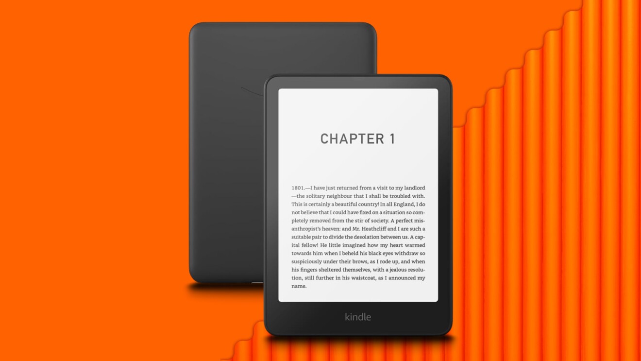Kindle e-reader displaying Chapter 1 of a book on orange background