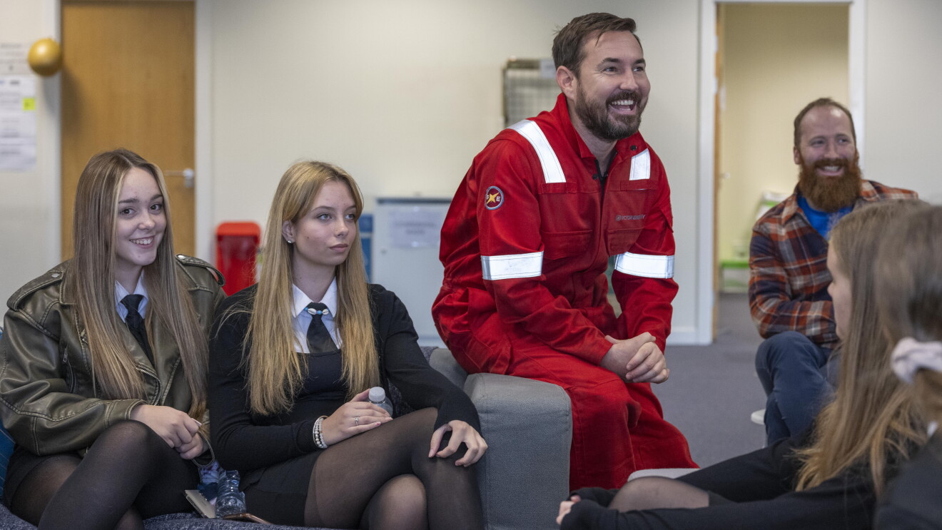 Scottish star Martin Compston joins students from Lochgelly High School on the set of The Rig