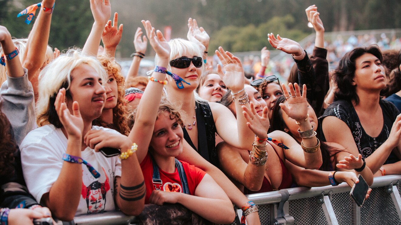 Outdoor music festival crowd raising hands and cheering