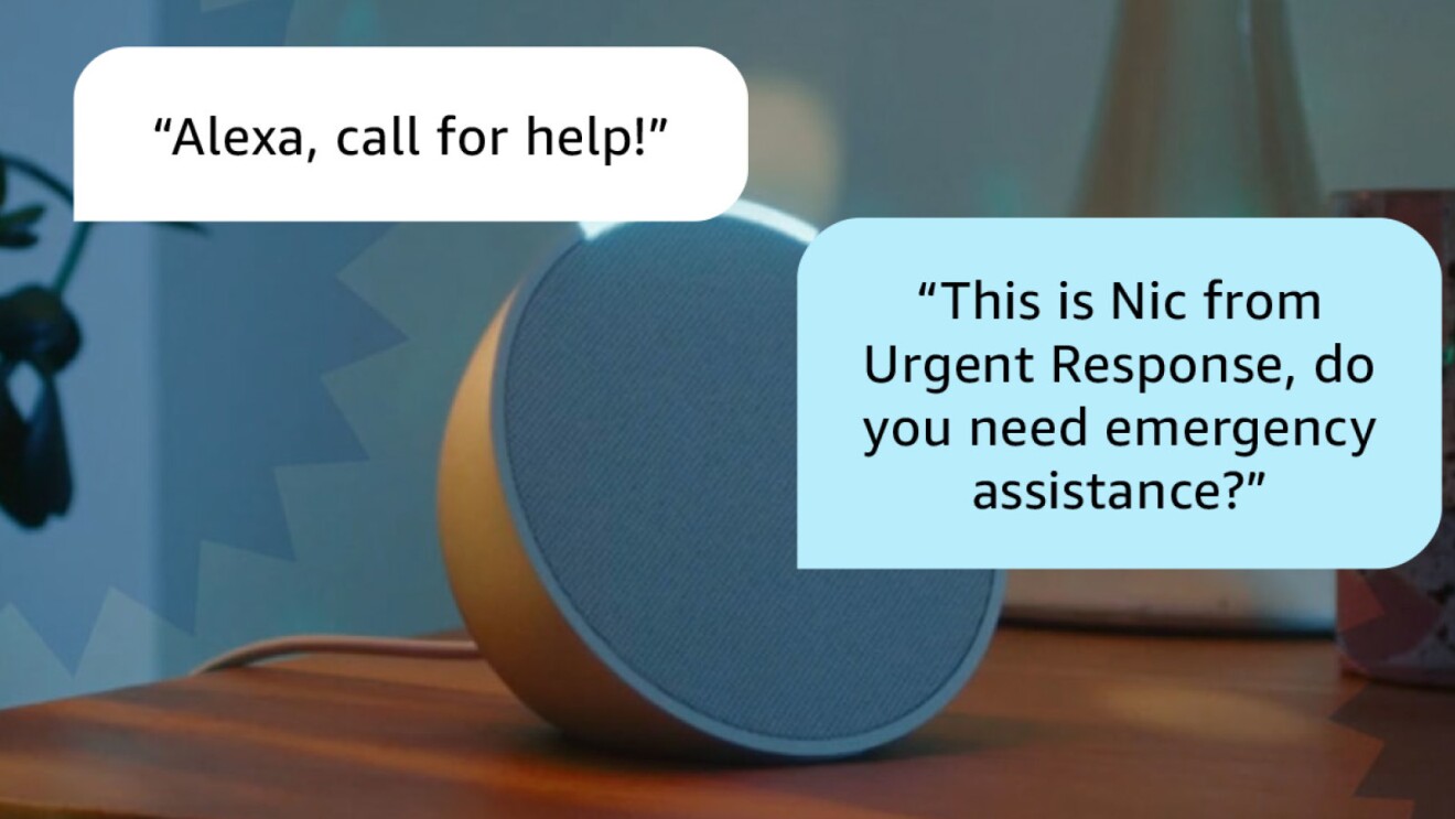 alexa new emergency assist feature demonstrated with an echo speaker. one message says alexa call for help while the response says this is nic from urgent response, do you need emergency assistance? 