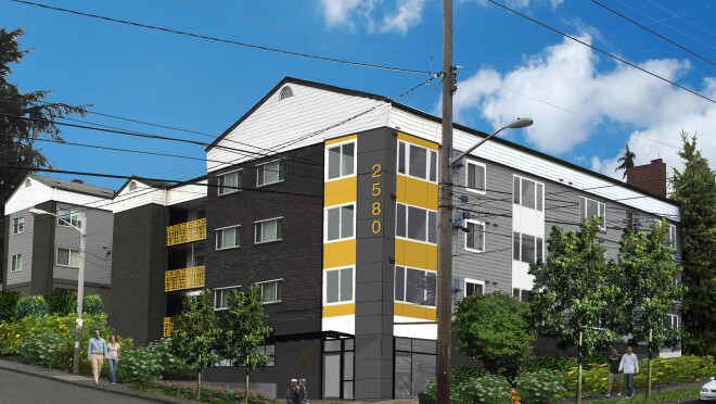 Rendering of a new affordable housing complex in the Puget Sound, funded with support from Amazon's Housing Equity Fund.
