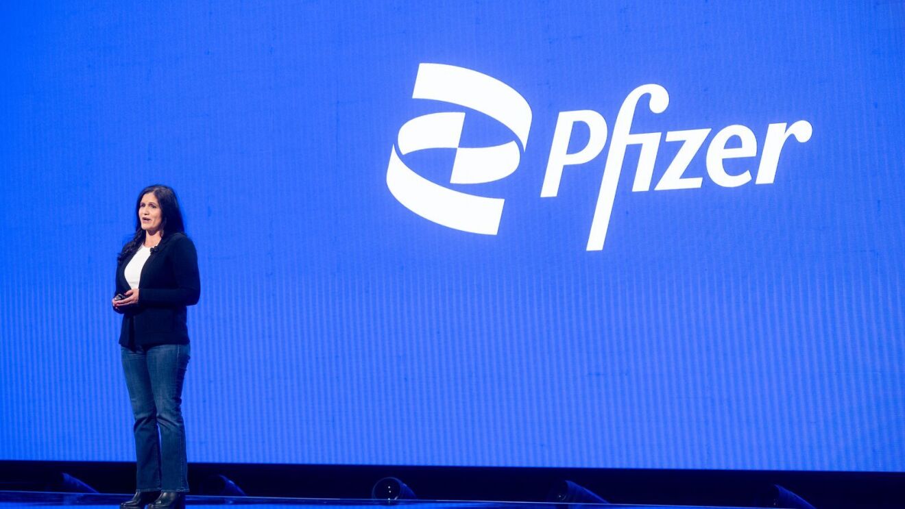 Lydia Fonseca, executive vice president and technology officer for pharmaceutical company Pfizer speaking on stage at AWS re:Invent 2023.