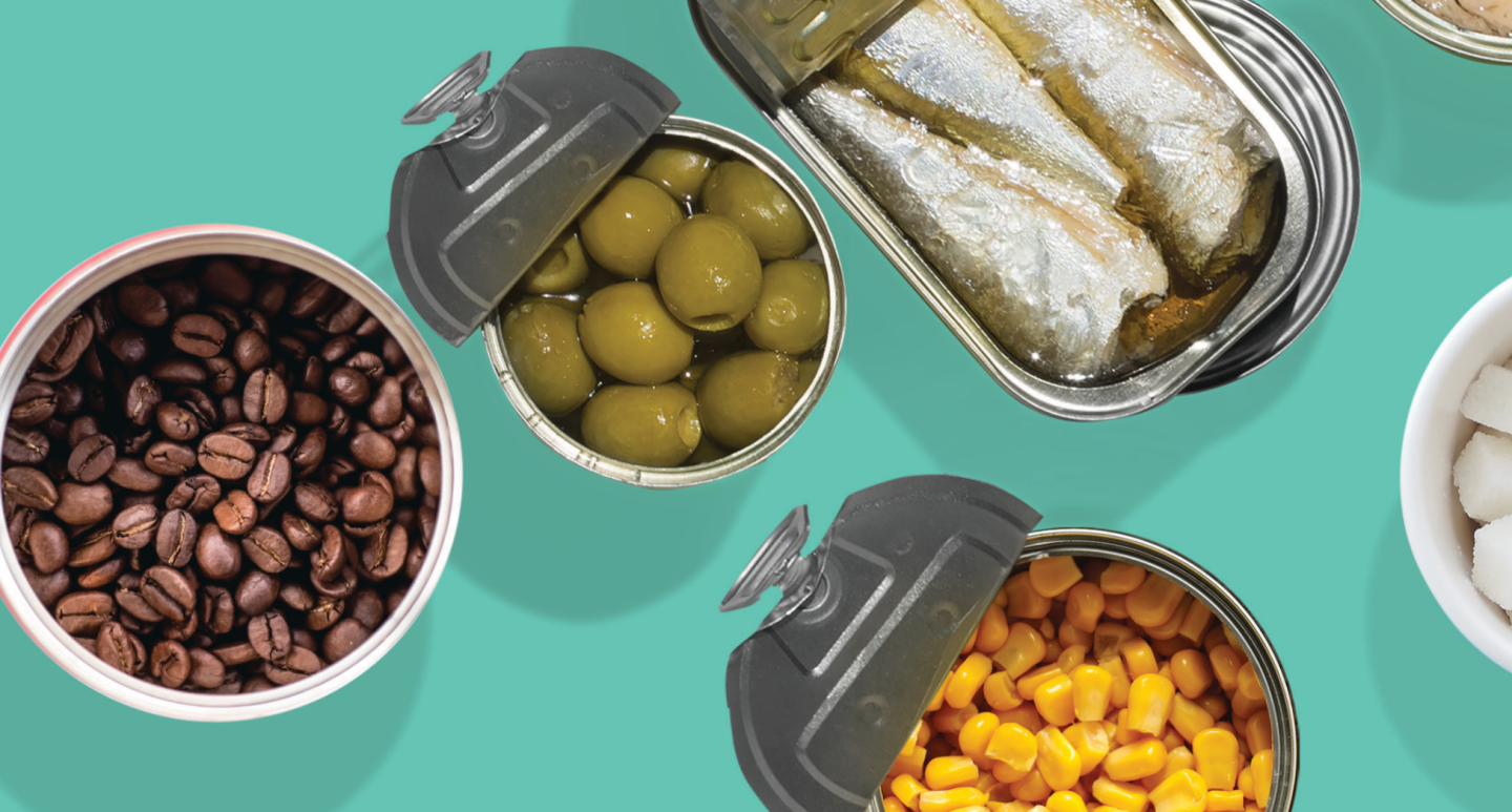 Groceries with coffee beans, olives and corn