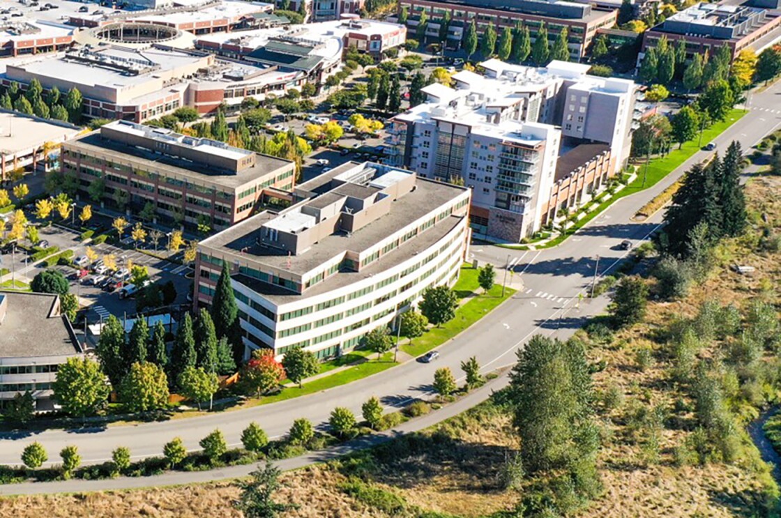 An aerial image of the campus location in Redmond, Washington. 