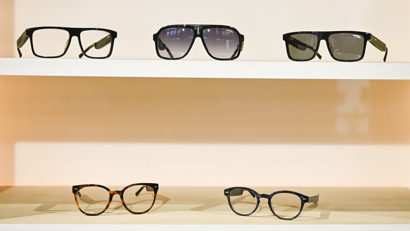 A display showing Echo Frames and Carrera smart glasses.