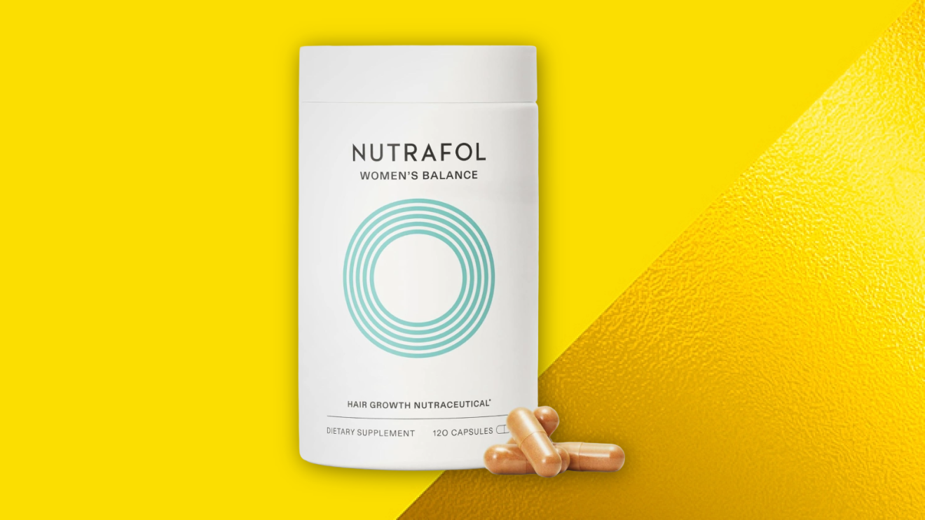 Nutrafol Women's Balance Hair Growth Supplements against a vibrant yellow background.