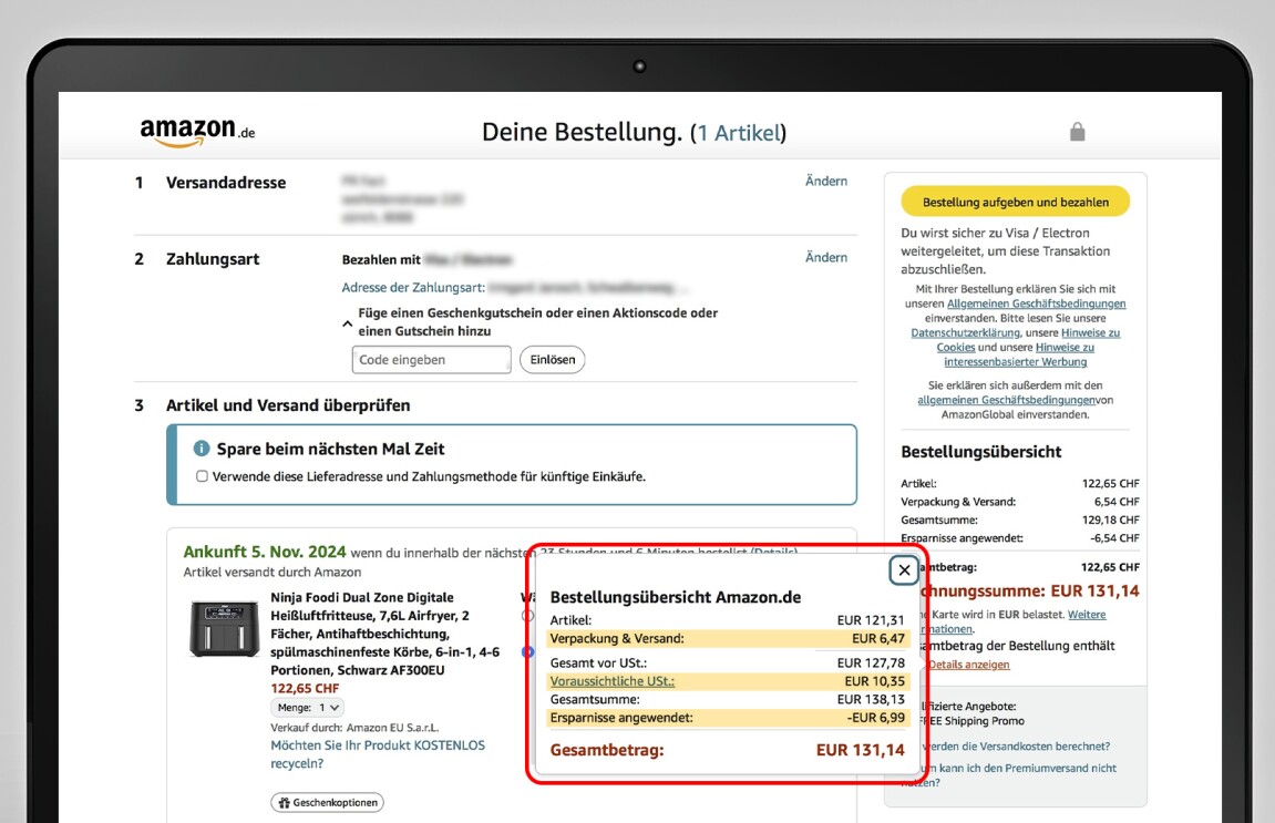 Bestellvorgang und Bezahlen für Schweizer Kundinnen und Kunden bei amazon.de mit Screenshots.