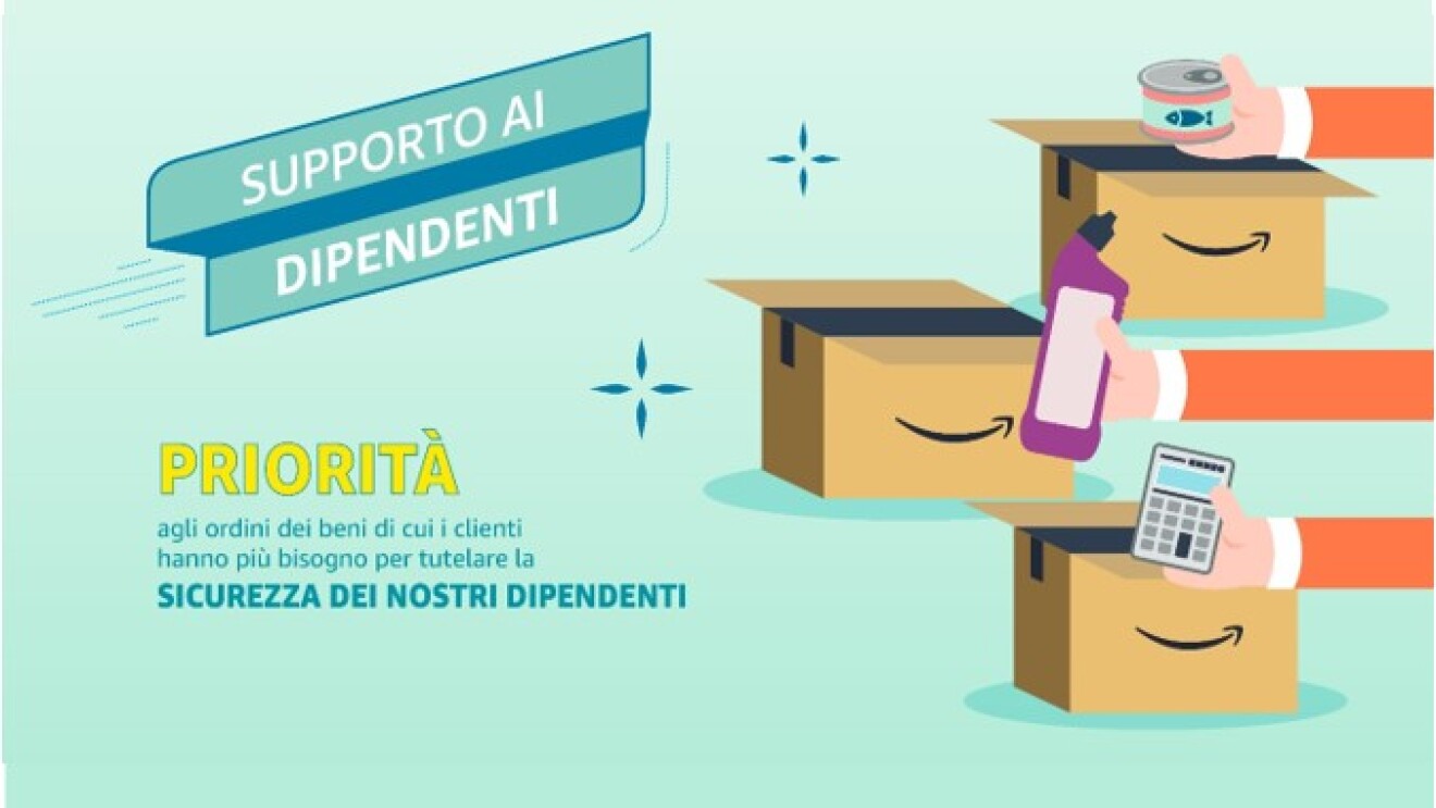 Sulla sinistra illustrazione di 3 scatole Amazon aperte. Tre braccia inseriscono in ogni scatola un prodotto: una calcolatrice, un detergente per la casa, un alimento. Sulla destra una scritta recita 'Priorità agli ordini dei beni di cui i clienti hanno più bisogno per tutelare la salute dei nostri dipendenti'.