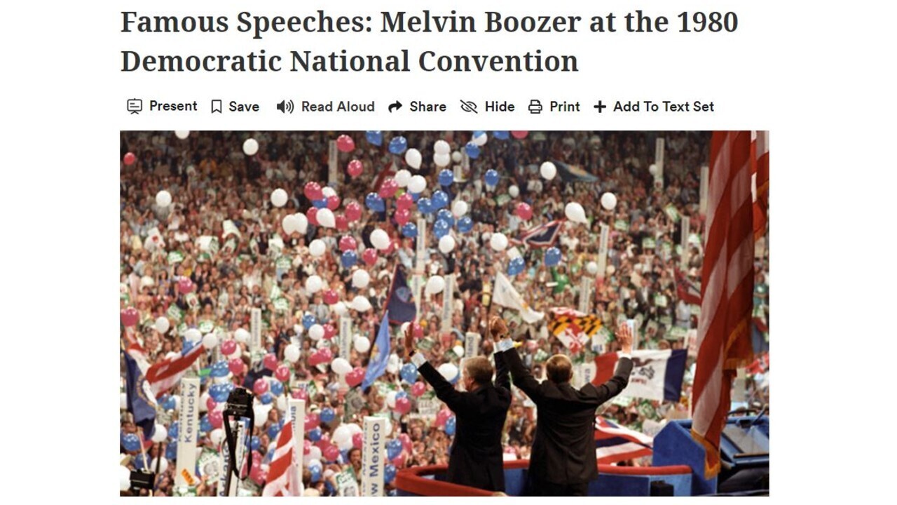 A newspaper clipping from the 1980 Democratic National Convention, the headline reads "Famous Speeches: Melvin Boozer at the 1980 Democratic National Convention."