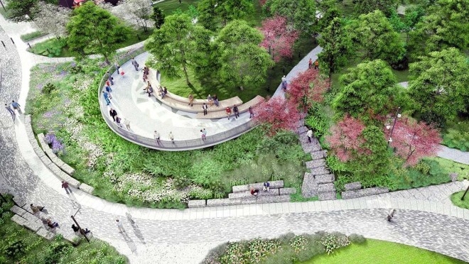 位于弗吉尼亚州阿灵顿的亚马逊第二总部大都会公园的效果图。