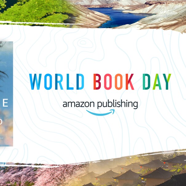 Images from around the world border the font that reads "World Book Day" by Amazon Publishing. There are three books to the left of the font on the image.