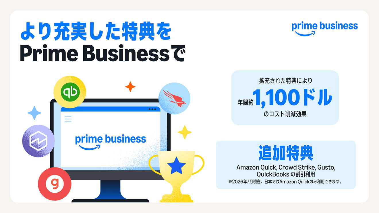 Prime Businessのイラストスライド。「より充実した特典をPrime Businessで」というタイトルの下にPC画面と複数アイコンのイラスト。