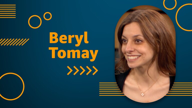An image of Beryl Tomay, Amazon's vice president of last mile delivery and technology. There is text next to her image that says "Beryl Tomay."