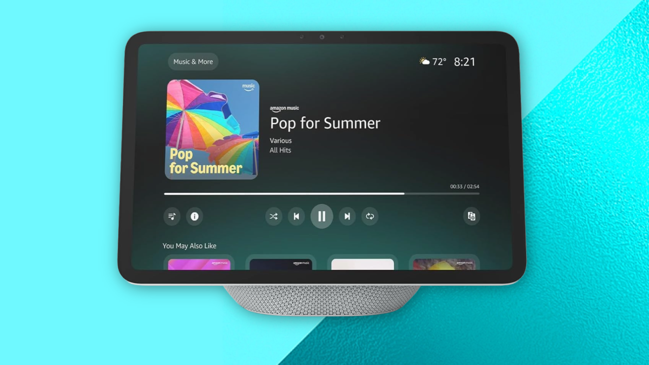 Amazon Echo Show 11 showing Amazon Music playing 'Pop for Summer' playlist with colorful album artwork and playback controls