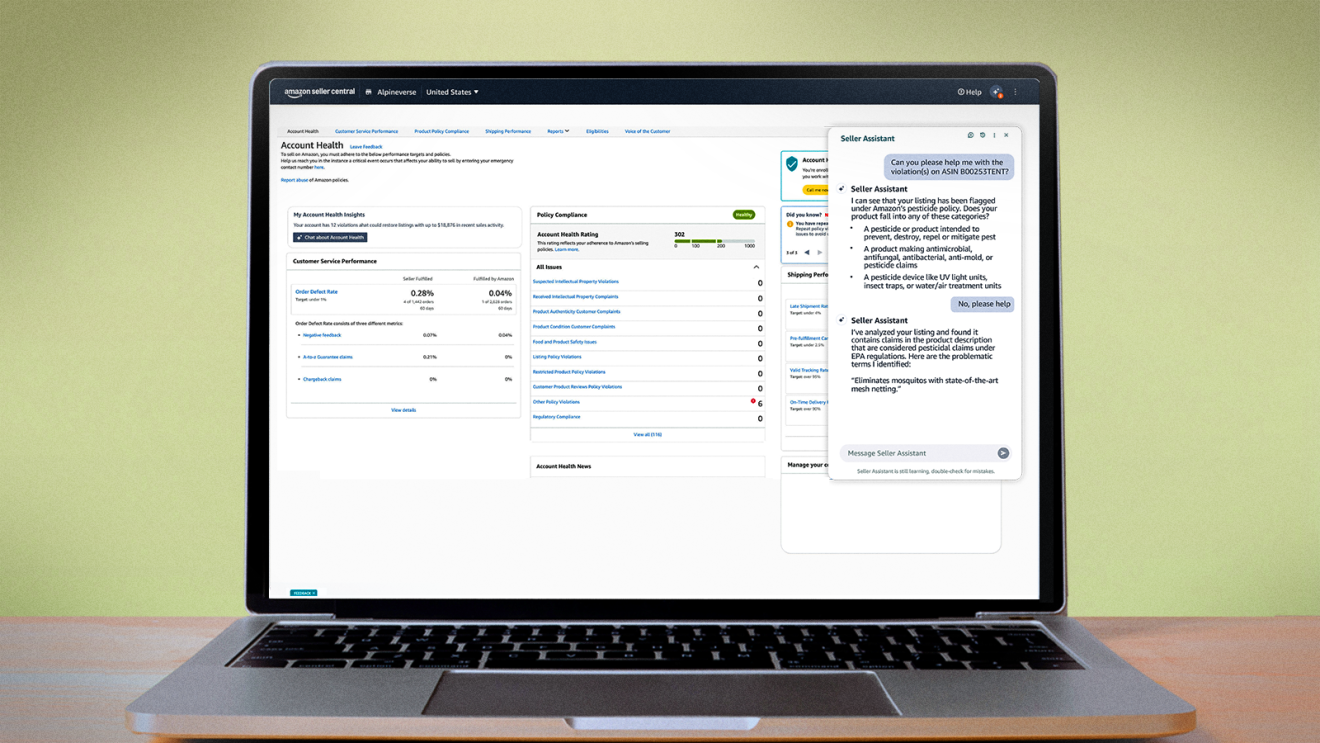 Amazon Seller Central dashboard on laptop showing account health metrics