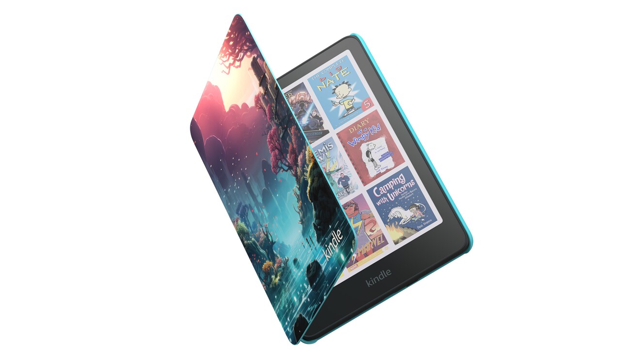 Kindle Kids device displaying book covers, with custom fantasy art cover