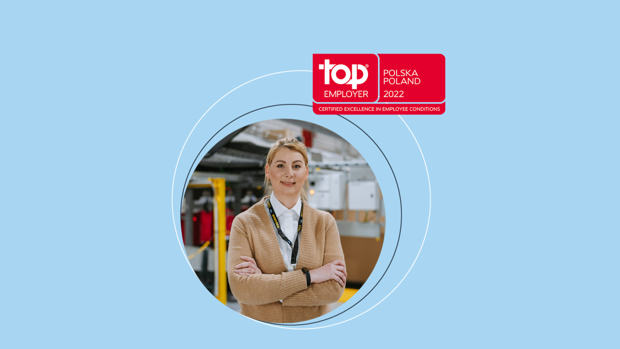 Anna on blue background with top employer logo at upper right corner