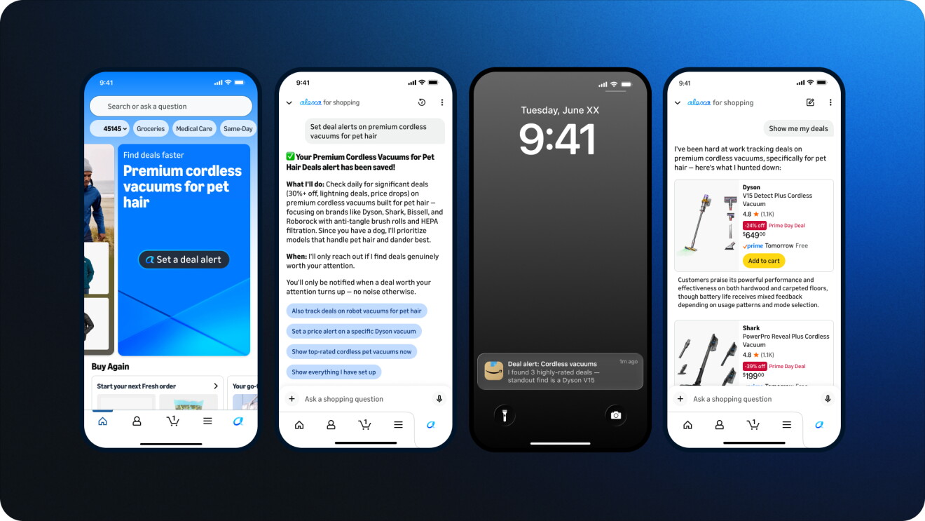 Smart phone with various Alexa for Shopping interfaces helping customers find deals on amazon.com