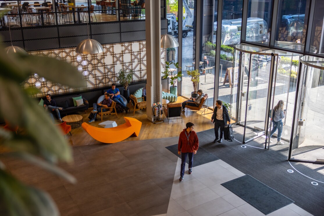 The entrance to LHR16, Amazon's London headquarters.
