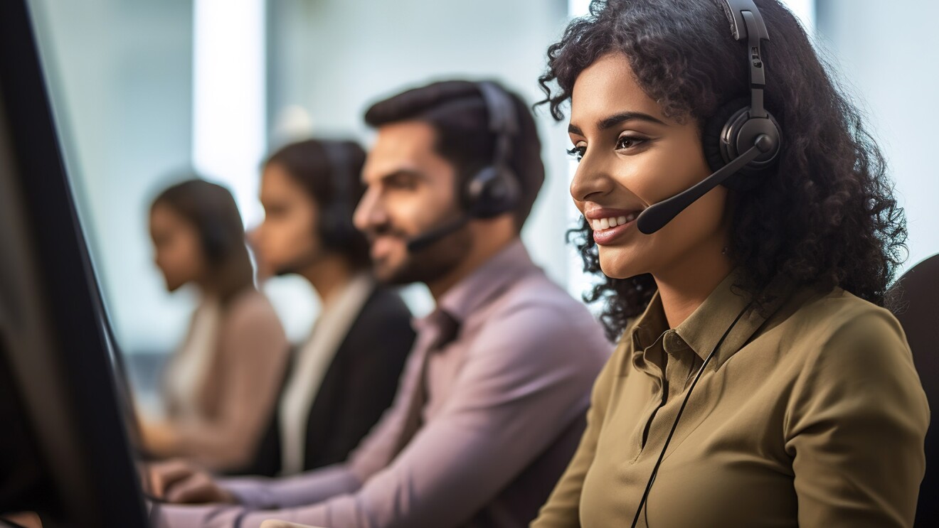 A photo of four employees sitting at a desk responding to virtual calls. There are desktop screens in front of them.