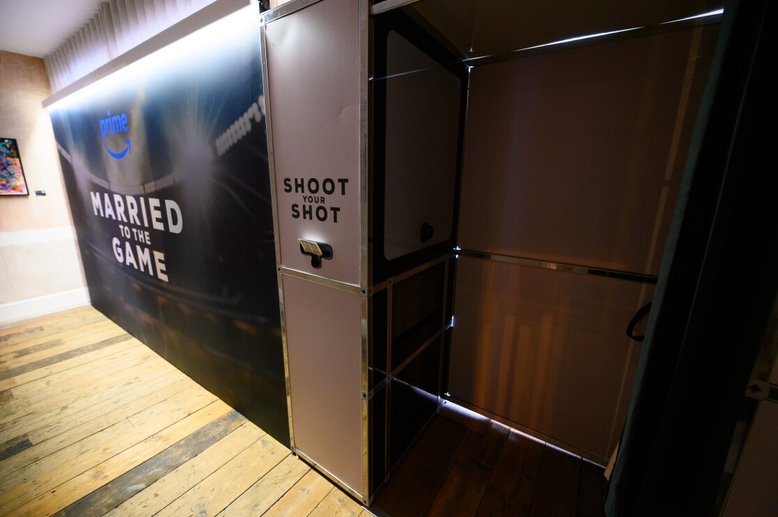 A black and white photo booth