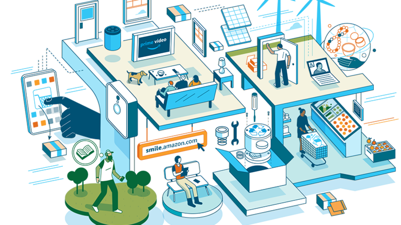 illustration showing Amazon sustainability efforts.