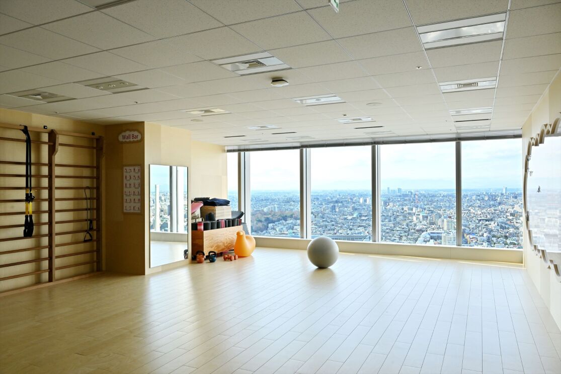 木製の床のあるスペース、その奥に大きな窓。その手前にバランスボールが置かれている