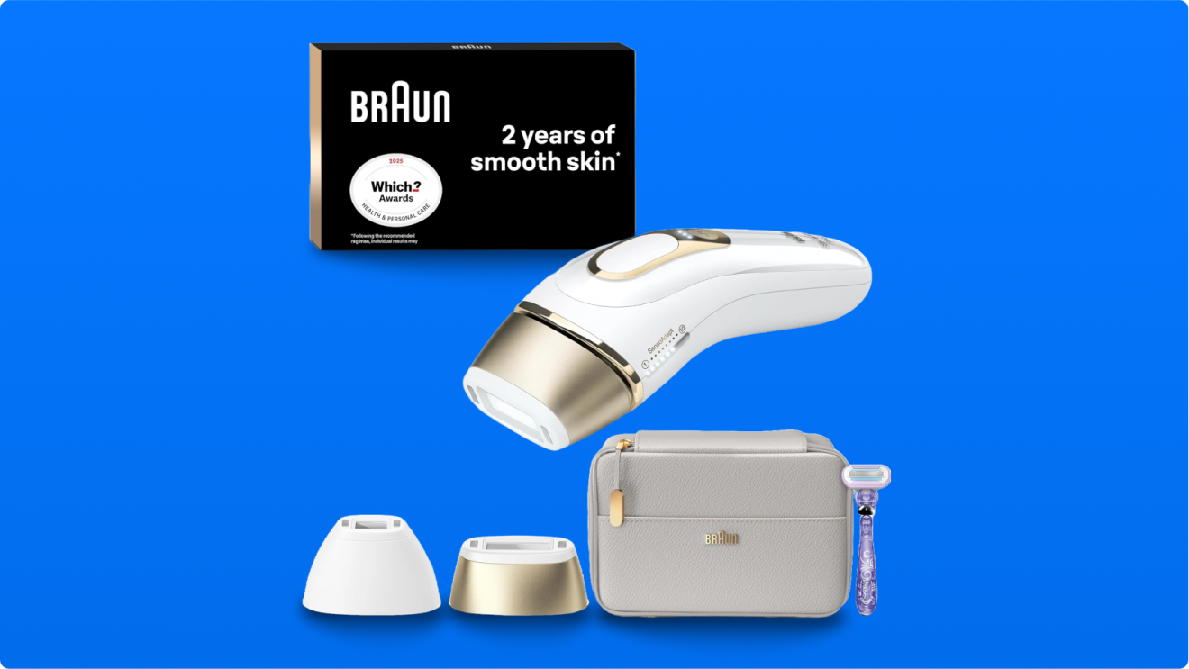 Braun IPL hair removal device with accessories and packaging on blue background