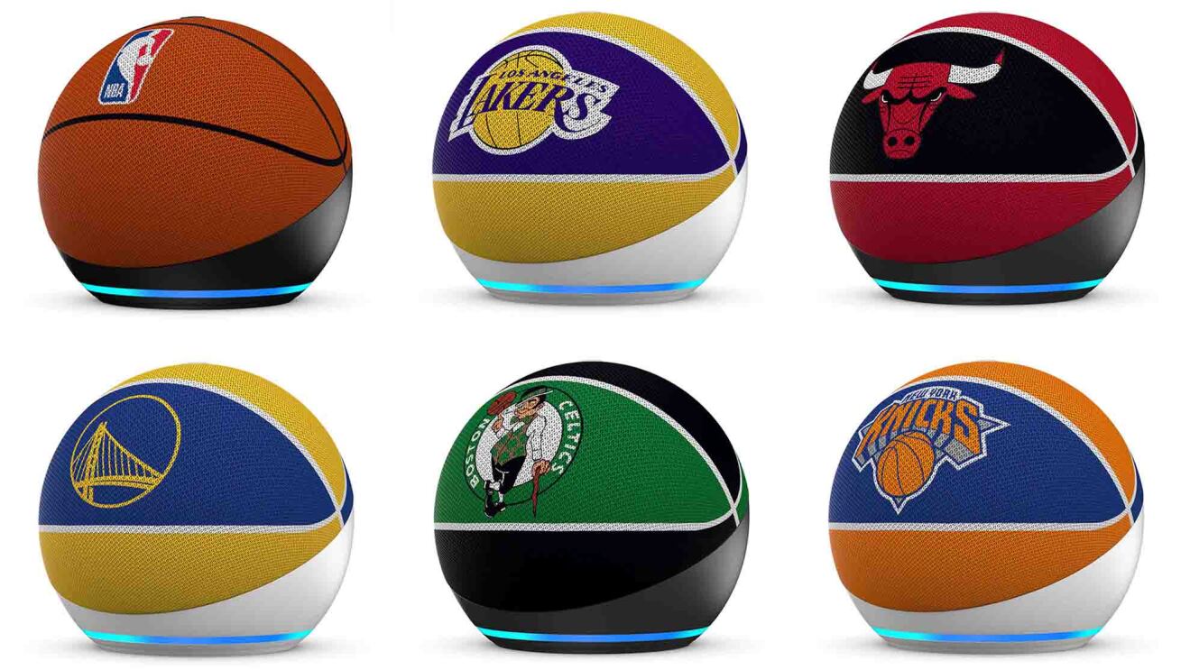 バスケットボールを模したデザインの球形のデバイスが6個、3個2段に並んでいる。NBAチームのロゴをあしらった6種類のデザイン。