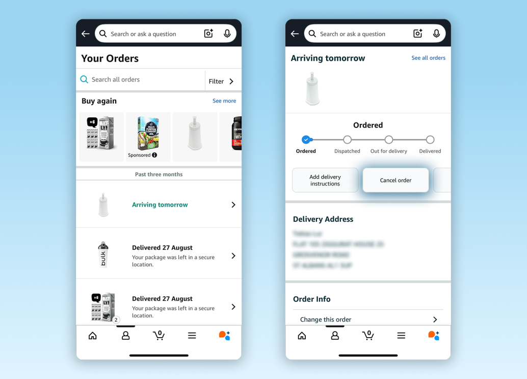 Amazon app order tracking interface with 'Your Orders' and 'Arriving tomorrow' screens
