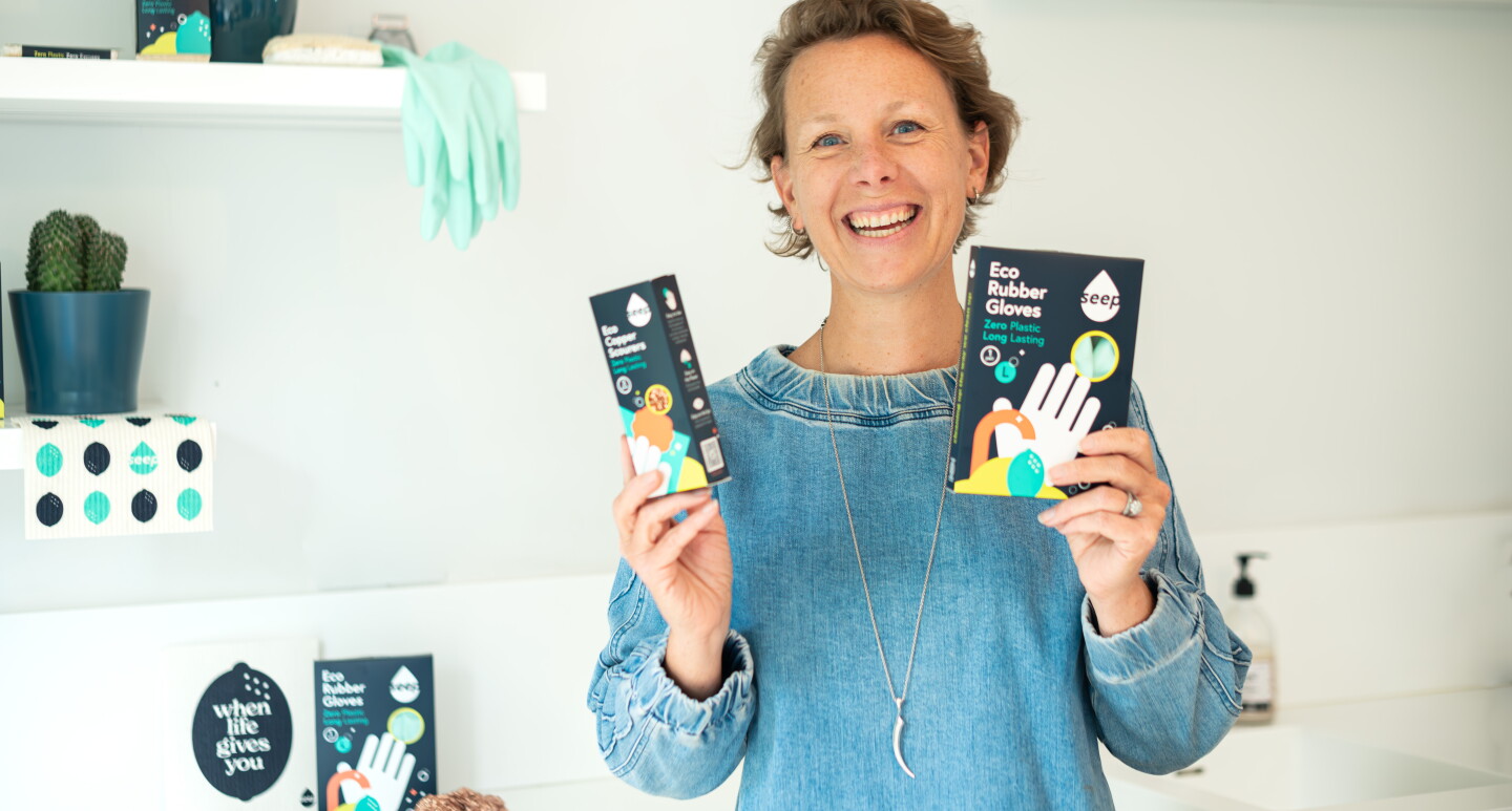 Laura with her Seep company products