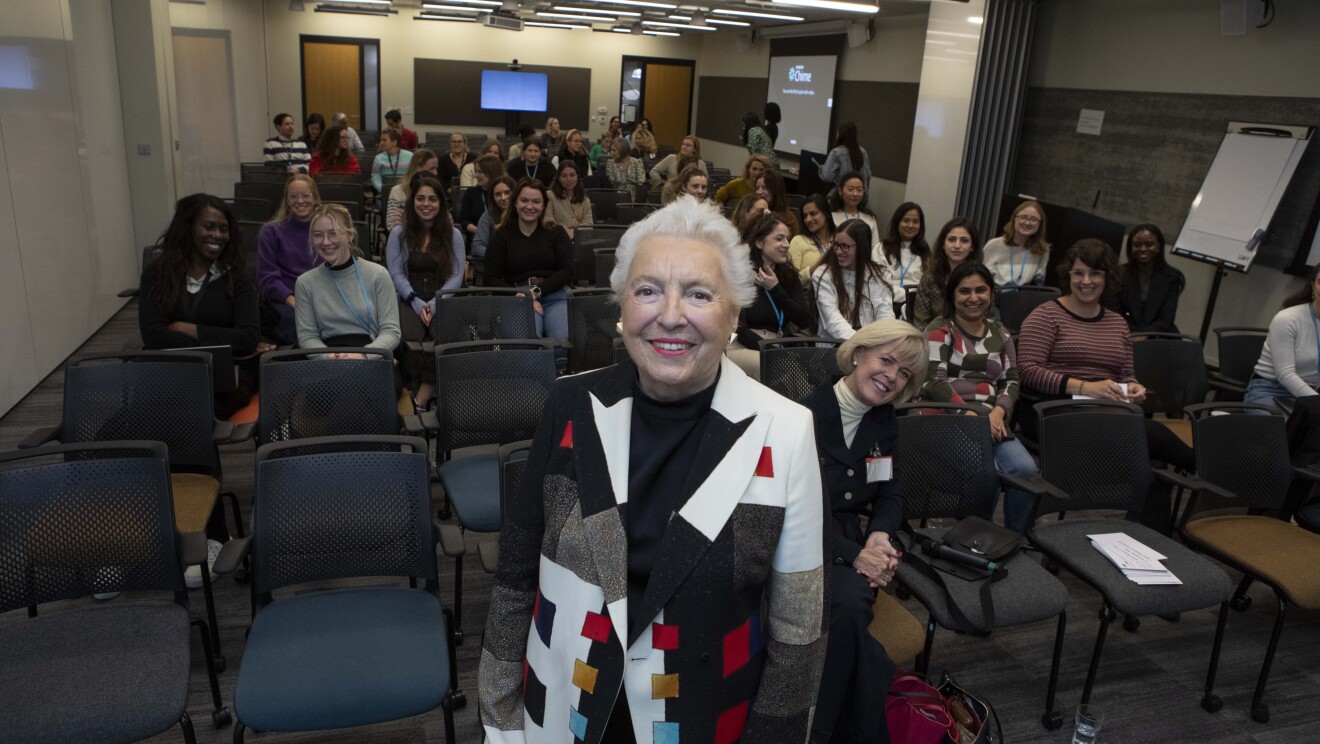 Dame Stephanie Shirley poses with the audience after speaking at Amazon