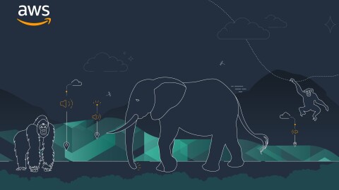 Graphics of a guerilla, elephant and chimpanzee with a dark navy background. Between the animals are small graphics of clouds with a dropdown to a speaker icon with the last drop down to a location pin icon where each animal is.