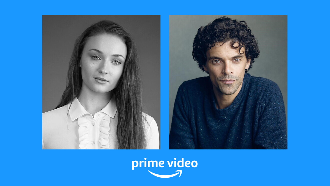 Headshots of Sophie Turner and Jacob Fortune-Lloyd on a blue background 