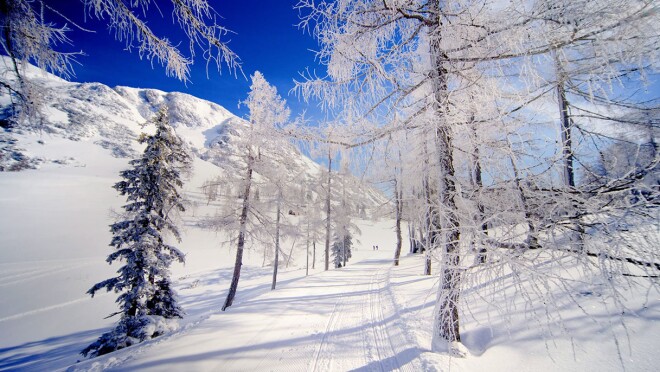 Tauplitz山村的雪山,远处有滑雪者。