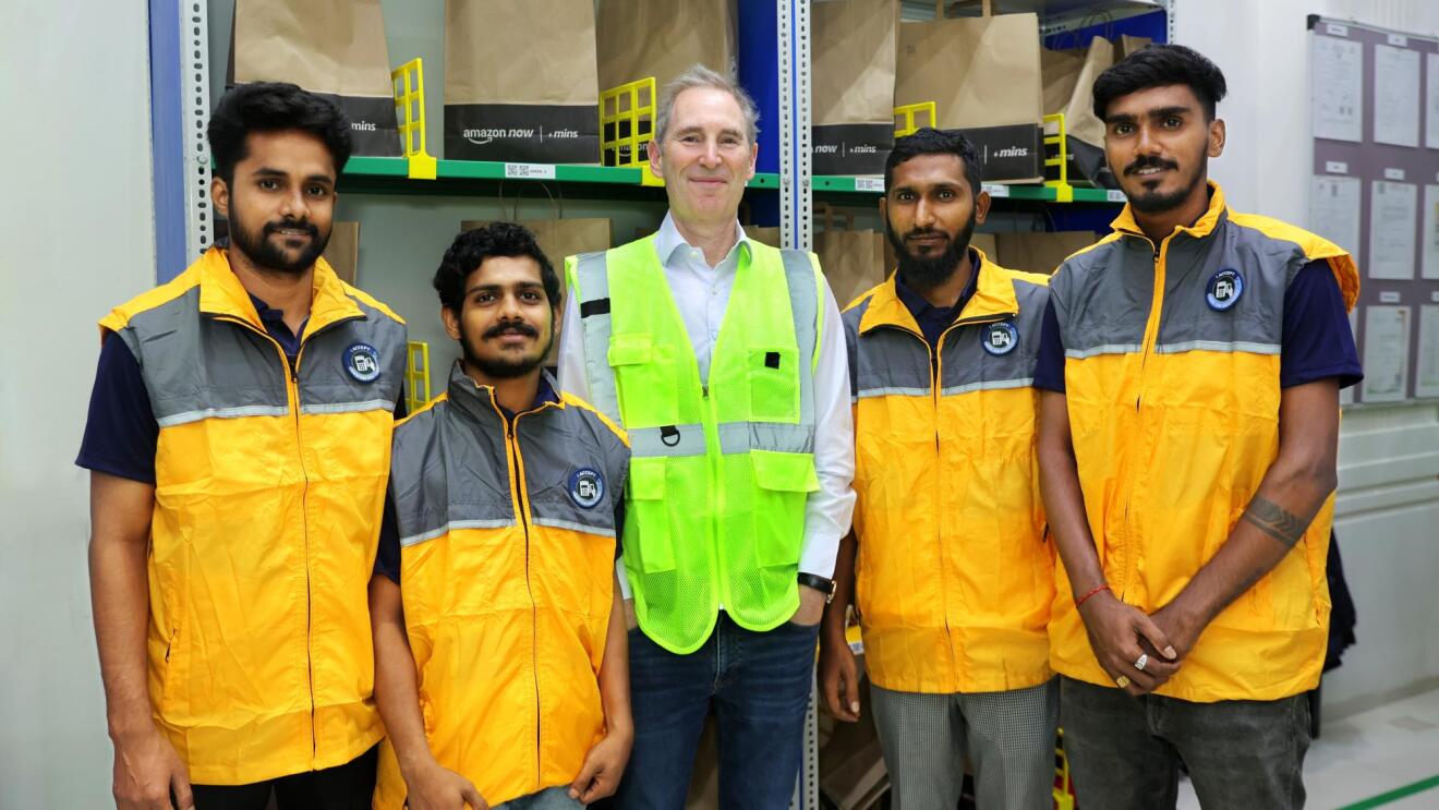 Amazon CEO Andy Jassy at an Amazon Now micro-fulfilment centre