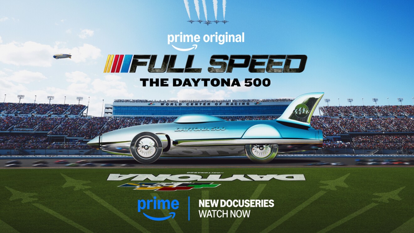 Fast car in a packed stadium with the title, FULL SPEED: Daytona 500, to announce the release out now on Prime Video.