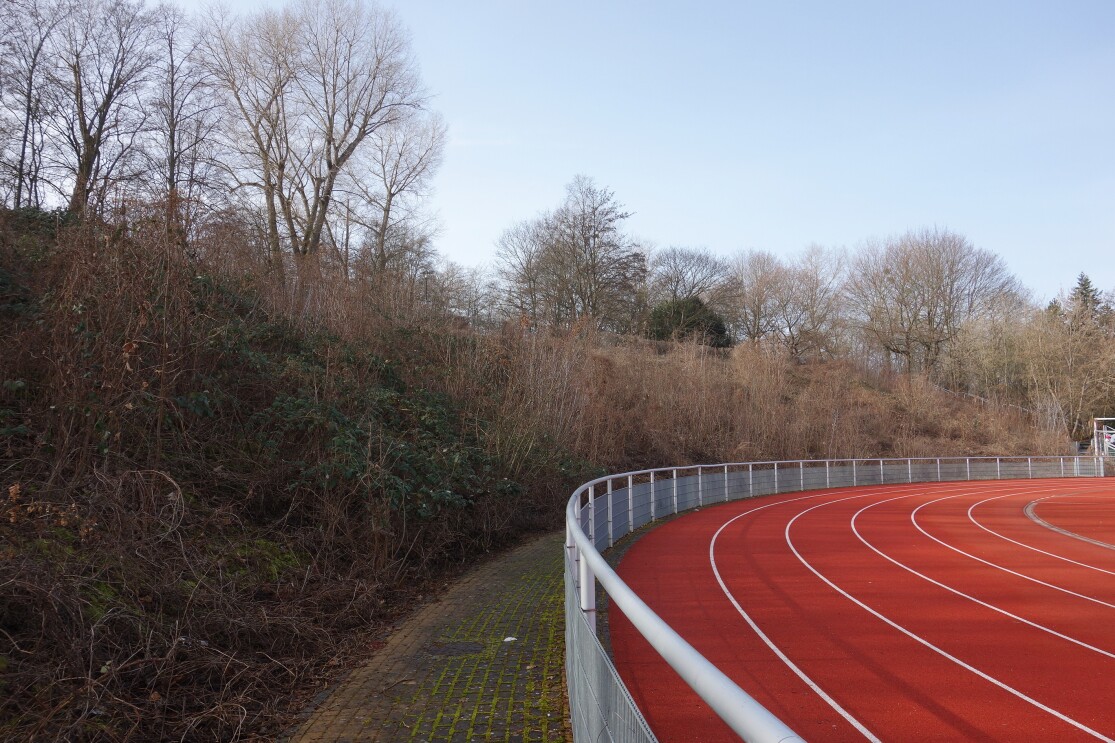 Die Rennbahn eines Stadions mit rotem Belag.